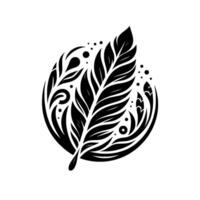 Intricate Black Feather within a Circular Motif with Delicate Floral and Dot Elements, Symbolic of Freedom and Artistry vector