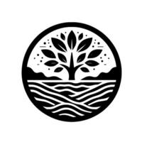 A stylized, circular featuring a silhouetted tree with leaves, positioned above stylized hills and flowing water, all contained within a bold, black frame, set against a clean white background. vector