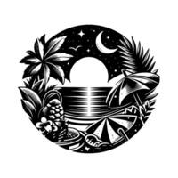 A circular, stylized black and white illustration depicting a tropical beach scene at night, featuring palm trees, parasols, and a serene ocean under a starry sky and crescent moon. vector