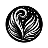 Abstract Monochrome Floral Motif Within a Black Circular Frame with Delicate Curved Lines and Scattered Dot Accents. vector