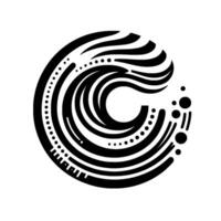 Abstract, minimalist black and white featuring curved lines, dots, and swirling elements forming a C shape. vector