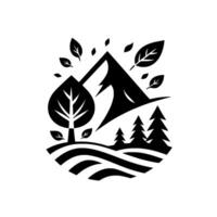 Minimalist Black and White Nature Illustration Mountain Peak, Lush Tree, Forest Pines, Floating Leaves, and Rolling Hills, encapsulated in a stylized, emblem. vector