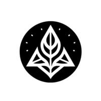 A minimalist featuring a symmetrical, stylized leaf arrangement within a white triangle, enclosed in a black circle with dotted accents, against a clean white background. vector