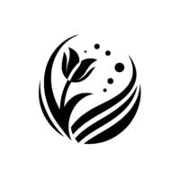 Elegant Black and White Floral Design A stylized tulip with surrounding leaf and dot accents, set against a white background. vector