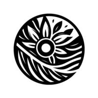 A stylized black and white circular featuring a floral encompassed by leaves, ferns, and flowing lines, evoking a sense of nature. vector