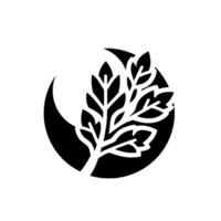 Black and white minimalist featuring a stylized tree with leaves inside of a crescent moon shape, evoking nature and growth. vector