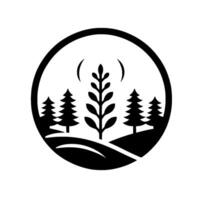 Symbolic nature within a circle, featuring stylized trees, hills, and a central plant under a radiant arc, rendered in contrasting black and white. vector