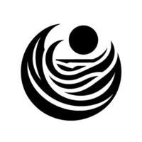 Abstract Minimalist Black and White Illustration CrescentShaped Swirls Embracing a Circle Above Wavy Lines, Symbolic of Earth, Sky, and Water. vector