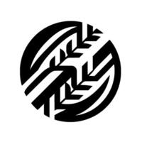 A minimalist black and white emblem, a circle containing an abstract leaflike with intersecting curved and angular elements. vector