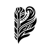 A minimalist black and white artistic feather with intricate patterns and a stylized, flowing composition, isolated against a stark white background. vector