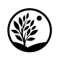 A minimalist, black and white circular emblem showcasing a stylized tree with leaves, sun, and landscape, evoking nature and tranquility. vector