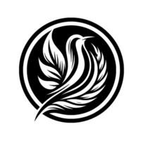 Elegant, minimalist black and white depicting a stylized bird with leaflike details contained within a simple circular frame, evoking balance and serenity. vector