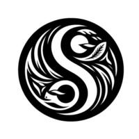 Intricate YinYang Symbol White Sshape intertwined with foliage, set within a black circle, embodying balance and harmony on a white background. vector