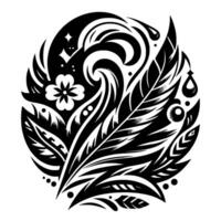 An ornate, stylized black and white forming a circular composition, featuring intricate featherlike elements, floral motifs, and swirling patterns, with a delicate, droplet detail and a dotli vector