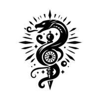 Intricate black and white illustration of a stylized serpent coiled around a central emblem featuring celestial stars and radiating geometric lines, evoking mystique. vector