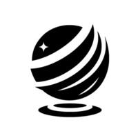 Abstract black and white featuring a stylized globe with orbiting stripes and a star, resting on a curved base against a stark white backdrop. vector