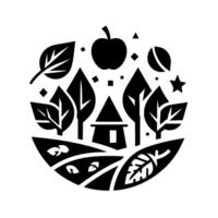 A Stylized Black and White Illustration of a Rural Scene Featuring a House, Trees, Apple, Leaves and Field Contained Within a Circle vector