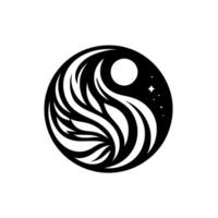 A stylized Yin and Yang symbol reimagined as a celestial sphere with flowing lines, a moon, and twinkling stars. vector
