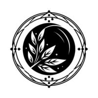 Intricate black and white featuring a crescent moon, a leafy sprig, and delicate geometric border, evoking a sense of celestial serenity and natural elegance. vector