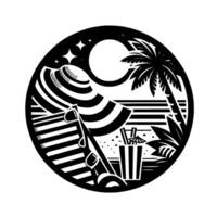 A Circular Monochromatic Beach Scene Sun, Stars, Palm Tree, and Beach Accessories vector