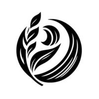 Abstract Black and White Symbol Stylized leaf branch interwoven with curved lines and crescents inside a circle on a white backdrop. vector