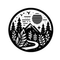 A minimalist black and white nature scene, enclosed within a circle, showcasing mountains, trees, a winding path, sun, and celestial elements. vector