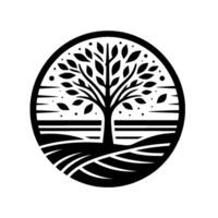 A stylized black and white circular showcasing a tree with leaves, set against a minimalist landscape within a circle frame. vector