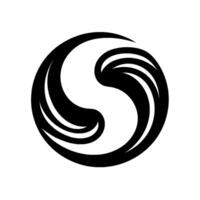 A symmetrical black and white circular depicting a stylized S shape with flowing curves and layered lines, isolated on a white background. vector