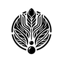 Intricate black and white minimalist circular with stylized leaves, organic curves, and geometric elements on a clean background. vector