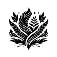 Intricate monochromatic botanical illustration depicting a symmetrical arrangement of stylized leaves and foliage, evoking a sense of natural elegance and minimalist on white background. vector