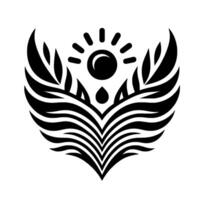 Stylized Black and White Emblem Depicting Sunlight, a Water Drop, and Winglike Forms on a White Backdrop. vector