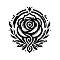 A symmetrical, stylized black and white of a rose within a circle, incorporating leaf elements, arches, dots, and a central diamond, evoking elegance. vector