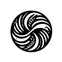 A symmetrical black and white featuring swirling curved shapes, creating a dynamic spiral composition reminiscent of a bird or eye. vector