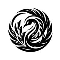 A stylized, symmetrical black and white swan illustration, gracefully composed within a circle, featuring intricate feather and leaflike patterns, conveying elegance. vector