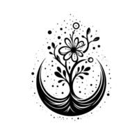 Intricate Black and White Floral Tree Emerging from a Crescent, Enhanced with Speckled Details. vector