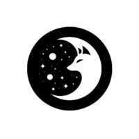 A minimalist illustration depicts a white fox merging with a crescent moon, framed within a black circle, surrounded by a starlit sky. vector