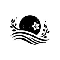 Elegant Black and White Design Sun setting over stylized waves, blooming flower, and foliage elements. vector