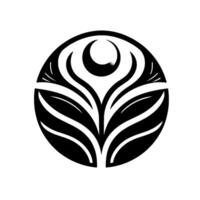 Geometric Black and White Floral Mandala in a Circle, Featuring Crescent and Leaf Designs, Symbolic and Minimalist. vector