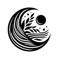 A stylized monochrome illustration of nature, featuring crescentlike shapes, plants, a moon and stars, all within a circular design. vector