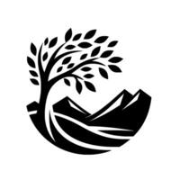 Black and white minimalist design A stylized tree with leaves, rising above a mountain range, set against a circular landscape frame. vector