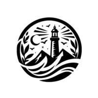 A black and white emblem of a lighthouse on rocky shores, emitting beams, encircled by a frame, with a crescent moon, birds, and leaves in a minimalist design. vector