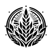A stylized, symmetrical black and white depicting a central wheat stalk encircled by ornamental elements. Leaves and radiating lines enhance the overall composition, creating a sense of harmony vector