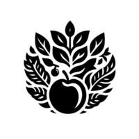 A Stylized Black and White Apple surrounded by leaves and foliage, forming a circular emblem on a white background. vector
