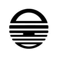 A bold, minimalist circular graphic, comprised of a semicircle and parallel horizontal lines, evoking a stylized sunrise or sunset in grayscale. vector