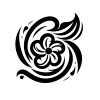 A stylized, symmetrical black and white floral with swirling elements, suggesting a decorative or ornamental pattern, centered on a plain white background. vector
