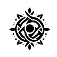A symmetrical black and white circular featuring interwoven lines, a central circle, and floral or leaflike elements radiating outwards, creating a balanced and elegant pattern. vector