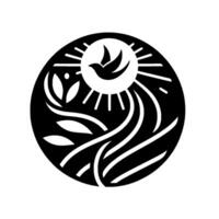 A circular monochrome depicting a stylized bird in flight against a sunburst background within a natureinspired composition, suggesting peace and freedom. vector