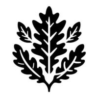 A symmetrical, minimalist illustration depicting a cluster of oak leaves in solid black against a stark white backdrop, embodying botanical simplicity. vector