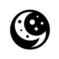 A stylized, yinyang inspired featuring a crescent moon and stars encapsulated within a circle, presented in bold black and white. vector