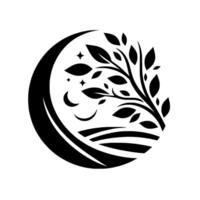 Symbolic black and white minimalist circular artwork of a tree with leaves, moon phases, and stars, suggesting harmony and growth within a night landscape. vector